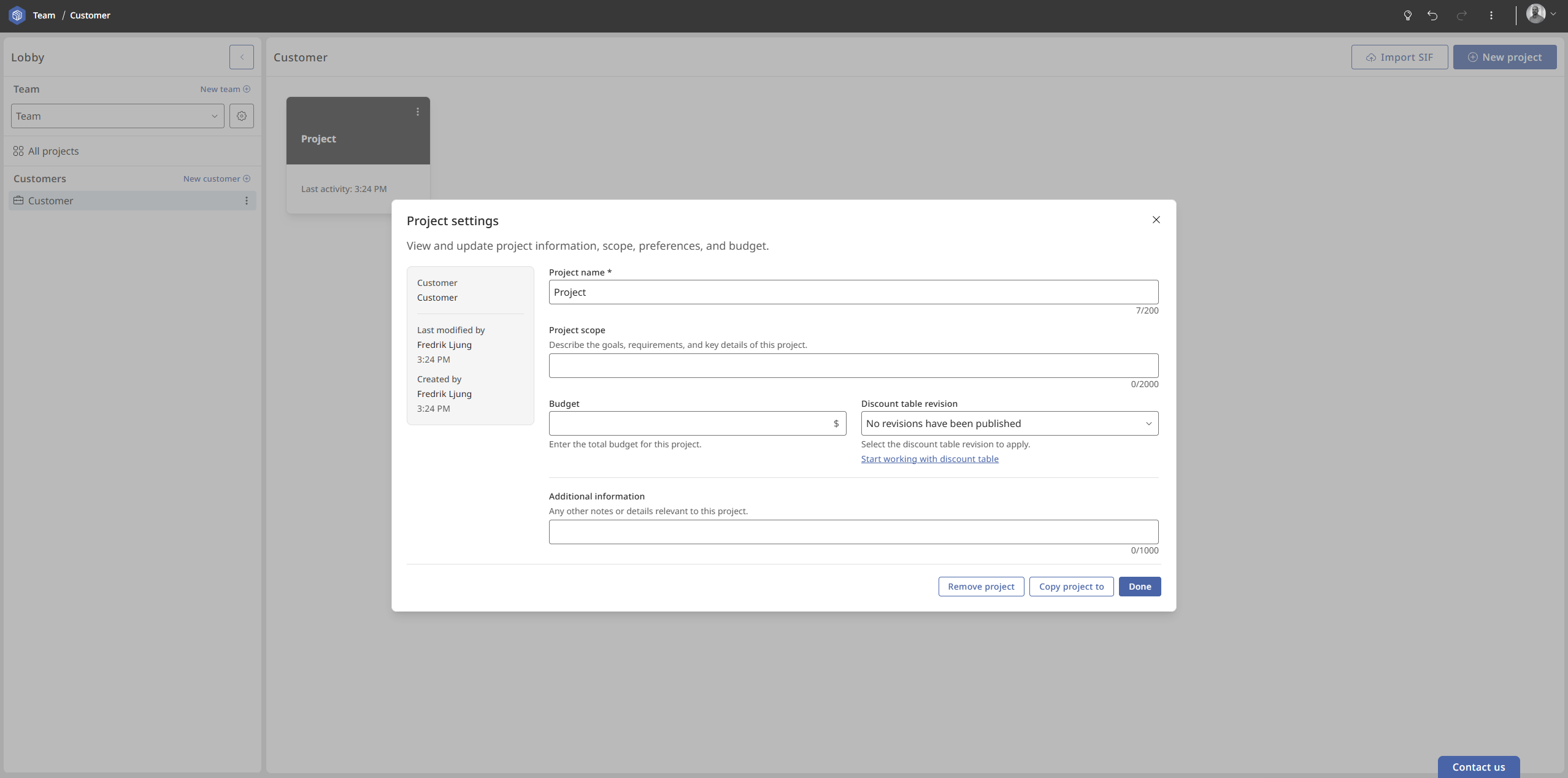 Additional information in Project settings