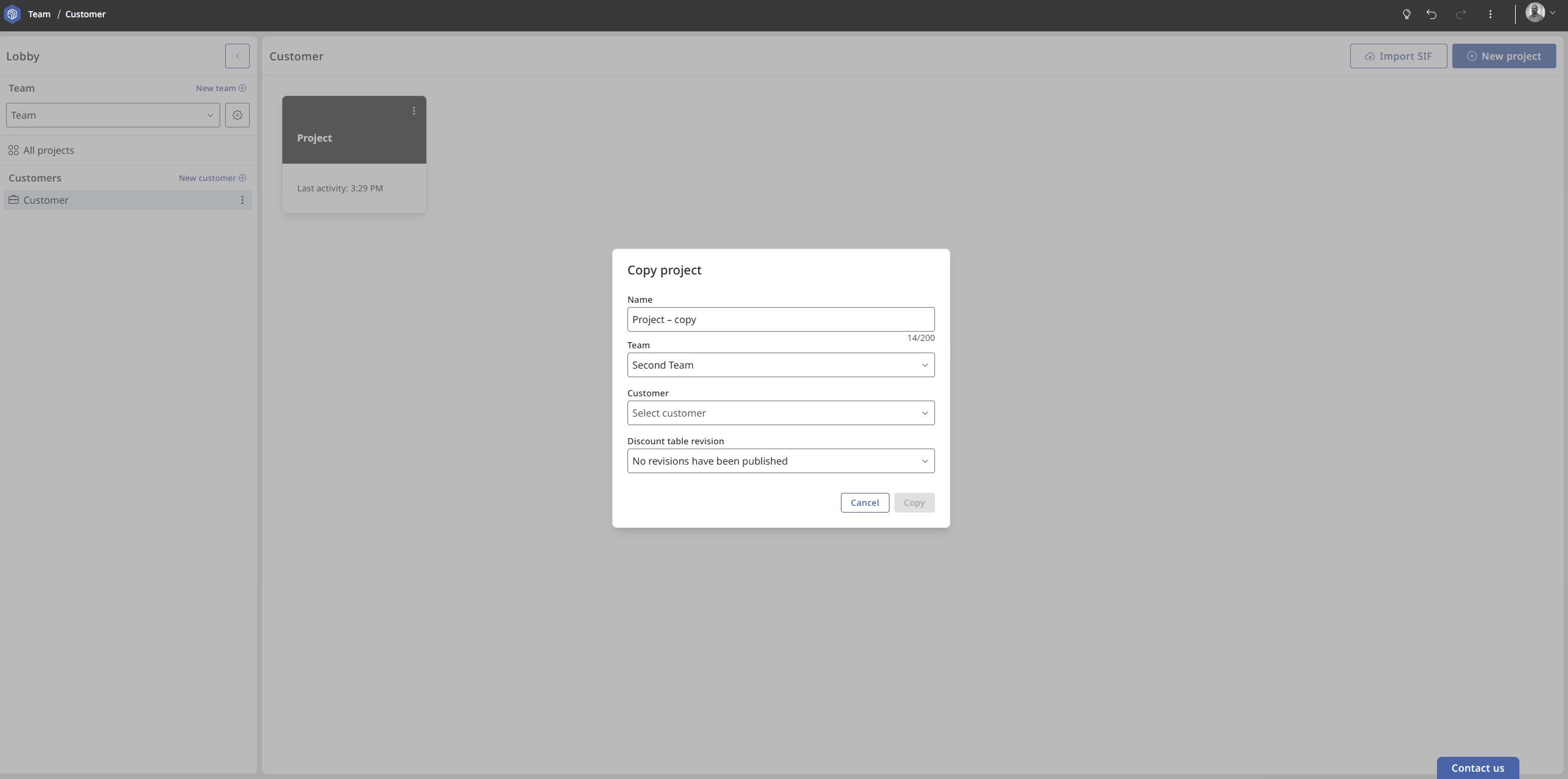 Copy a project to another Team