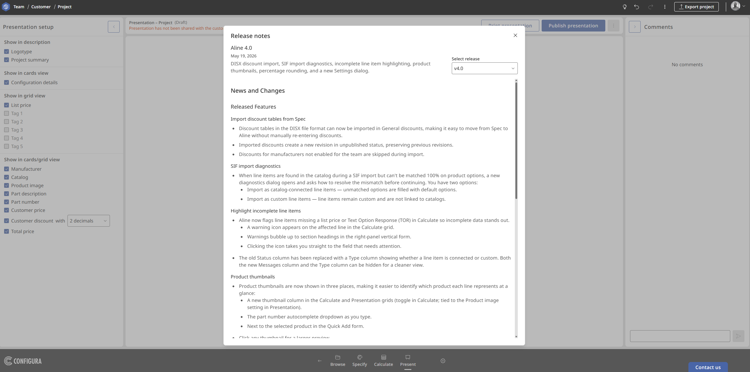 Release Notes in the Aline profile menu